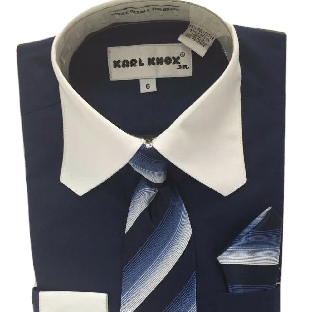 Karl Knox Boys Navy Blue White Dress Shirt Matching Tie and Hanky Sizes 5 - 10